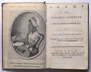 Frontispiz und Titelseite von Poems on Various Subjects, Religious and Moral von Phillis Wheatley, veröffentlicht von Archibald Bell, London, 1773